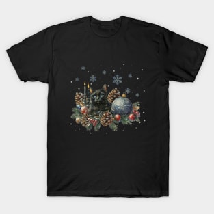 Christmas composition and Black cat, winter scene, snow, holidays, cat in snow, cat in winter, cat lovers T-Shirt